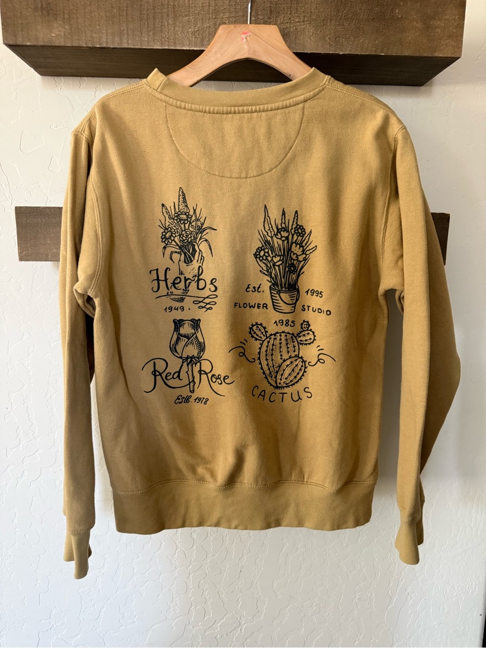 SCW|Mustard Tan Graphic Boho indie Crewneck Sweatshirt-Cactus & Florals•••SMALL